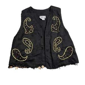 Surya Vintage 1970s Paisley Motif Black Linen Vest Size M